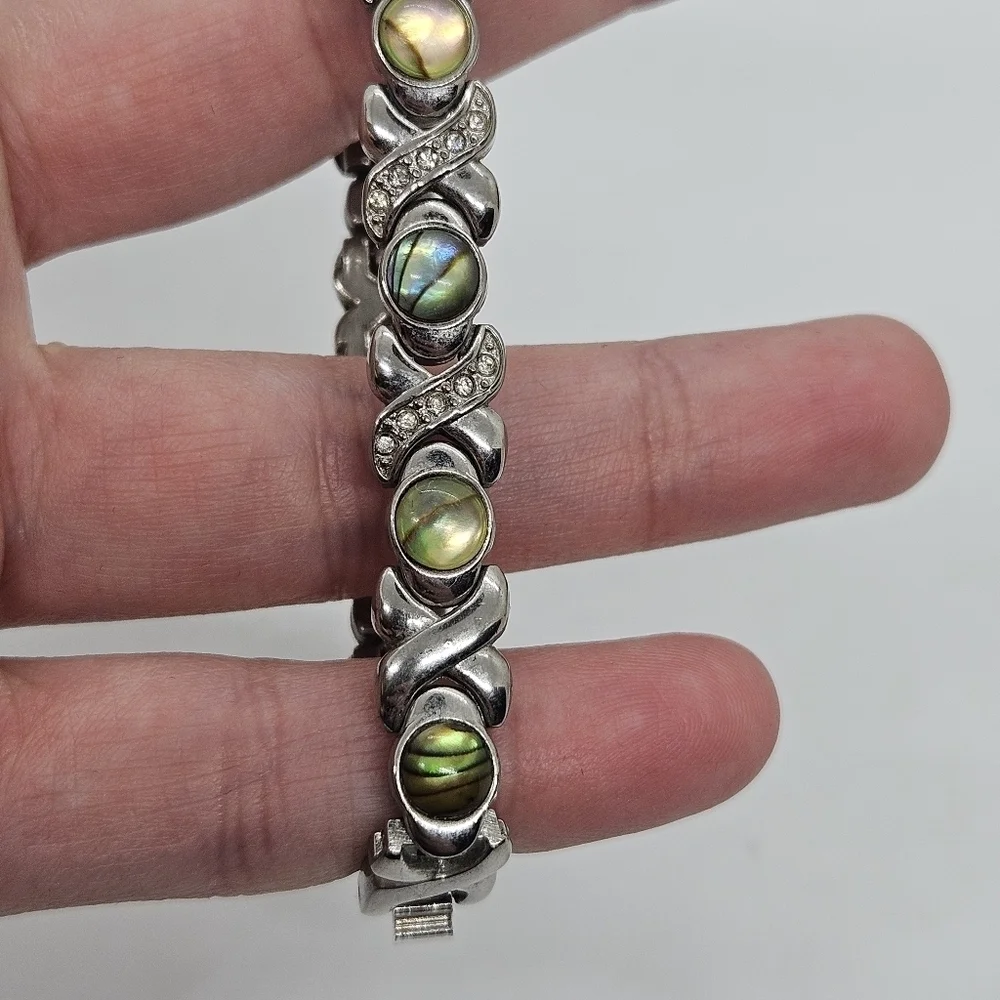 Concepts in Time silver tone watch skinny band with faux abalone and rhinestones